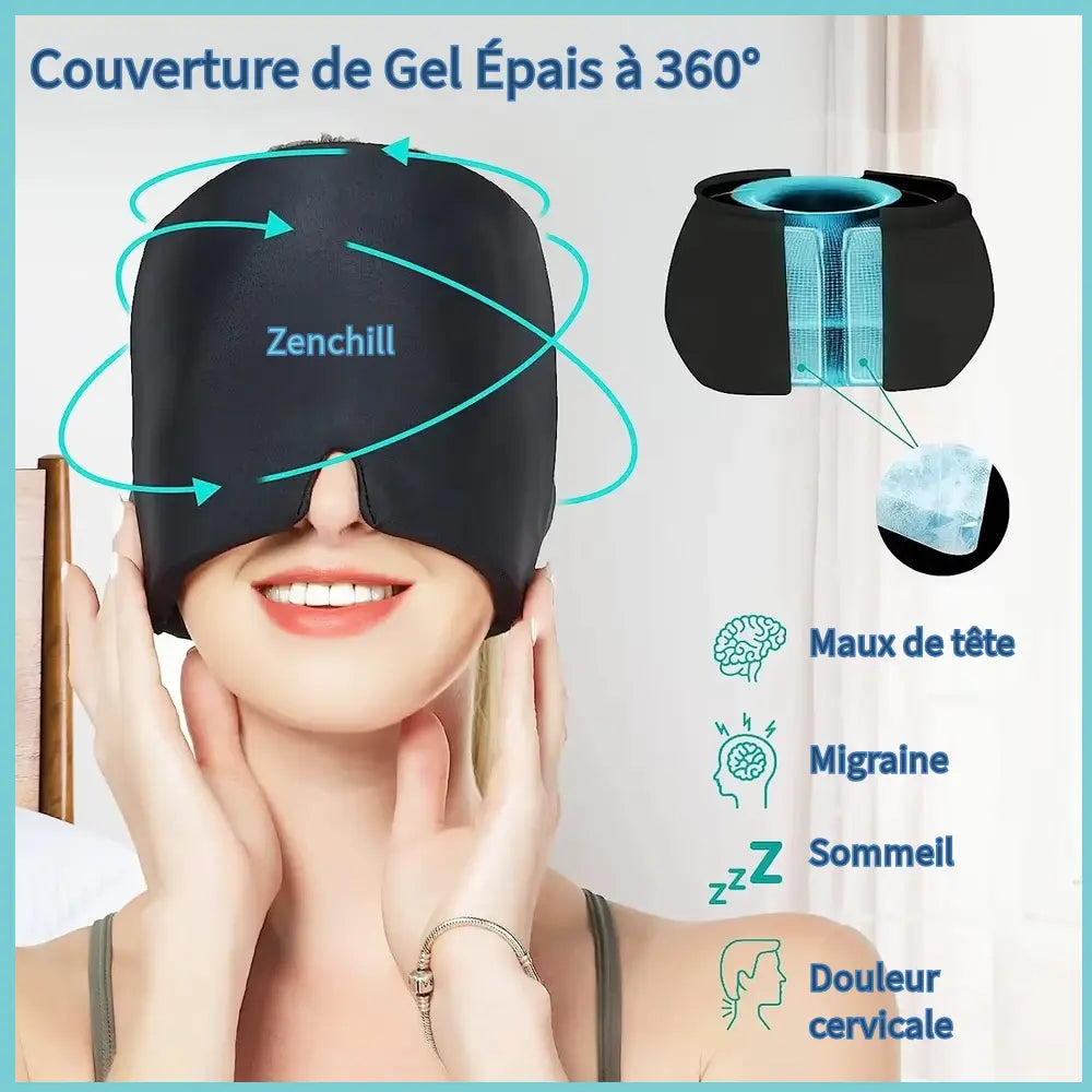 Femme portant un bonnet anti migraine zenchill de couverture de gel epais a 60 degre