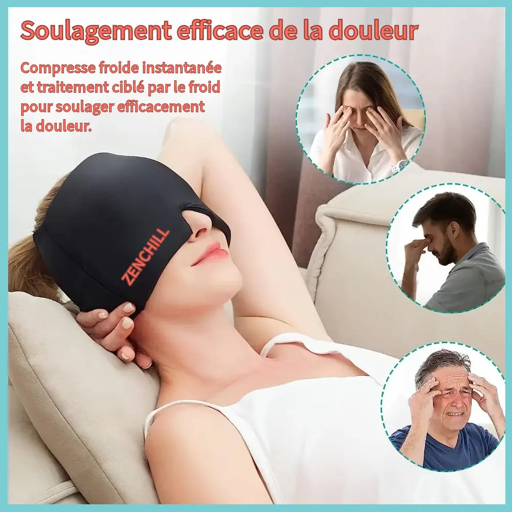 Femme couché dans un canapé portant le bonnet anti migraine pour soulager ces douleurs