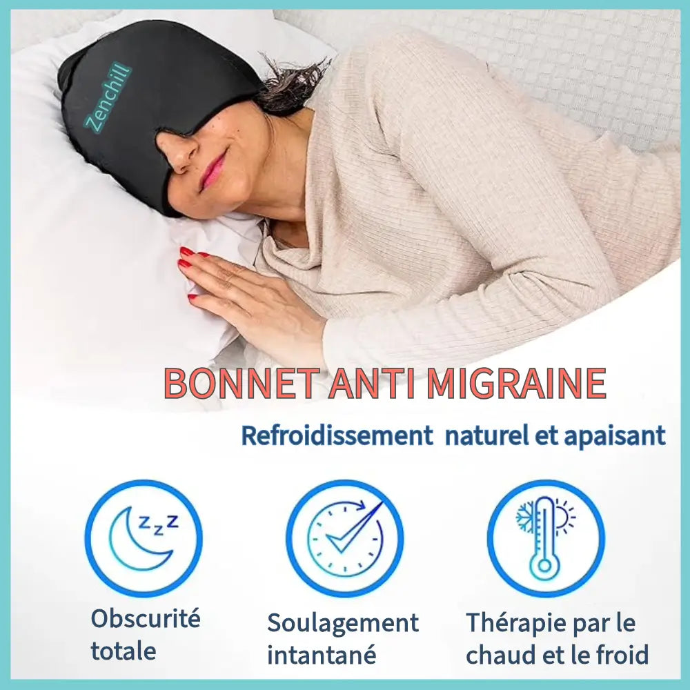 Femme au repos portant un bonnet anti migraine zenchill pour apaiser sa douleur