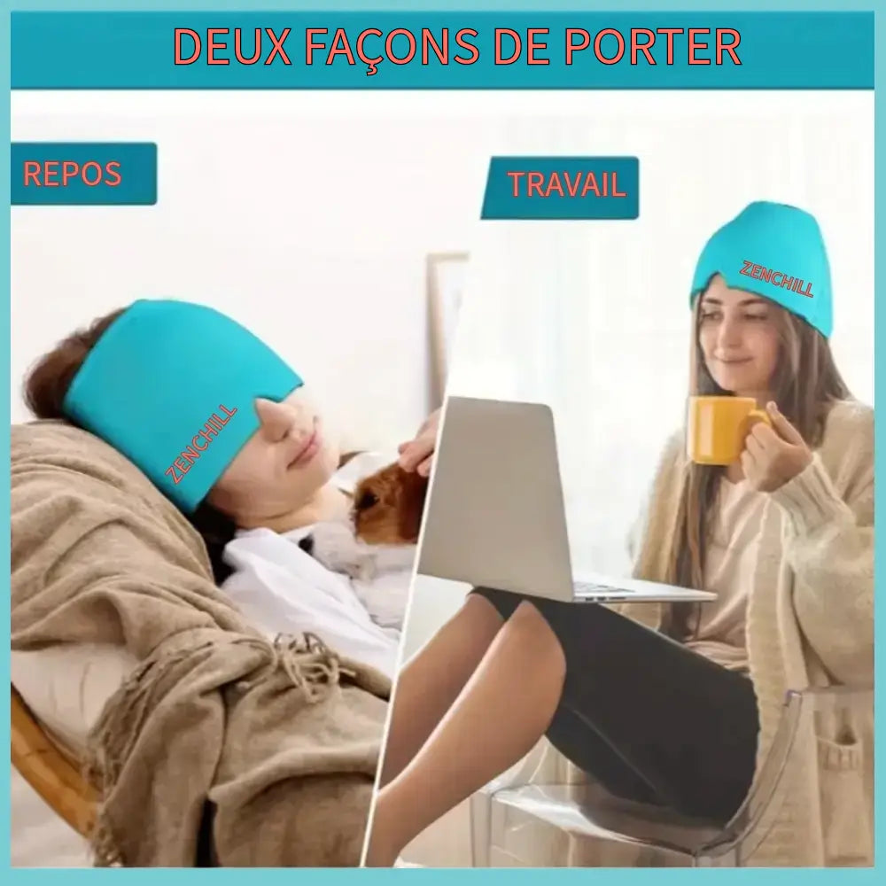 Femme portant le bonnet anti migraine zenchil au repos et au travail